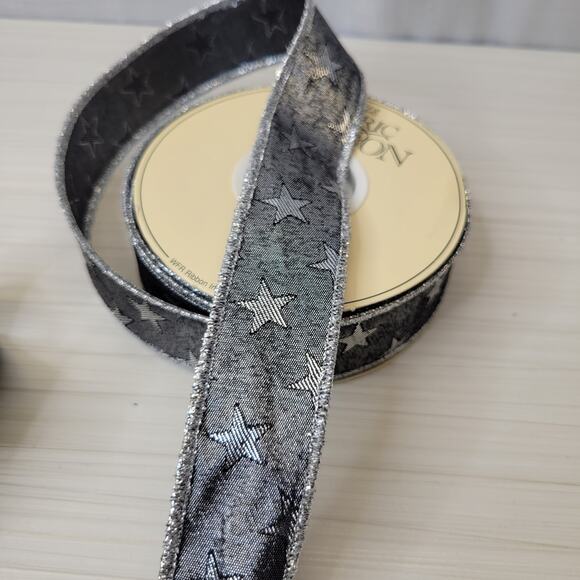 WFR Silver and Black Metallic Ribbon with Silver Stars and Edges, 10 yds - Picture 2 of 7